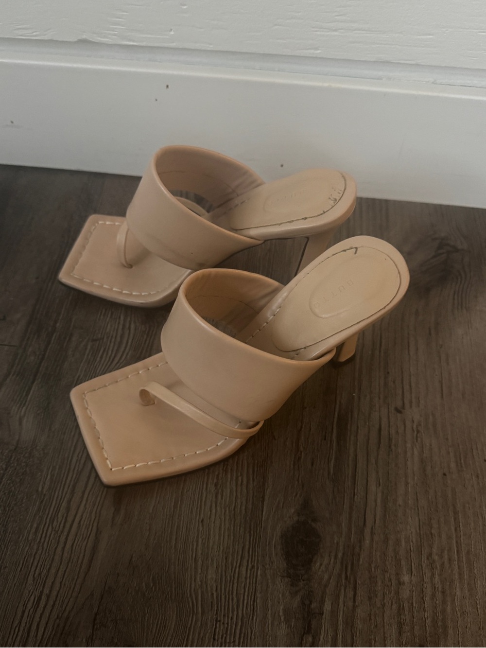 Nude Square-Toe Thong Mule Heels